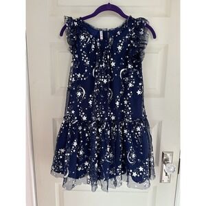 Fab kids Navy Metallic Silver Glitter Star Moon Tulle Dress Gown Size 12